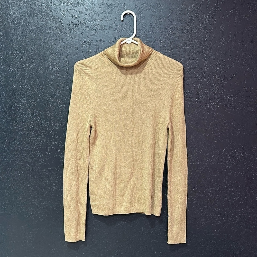 LAUREN RALPH LAUREN Women’s Sparkling Gold Turtle Neck Long Sleeve Shirt Size L - Picture 1 of 4